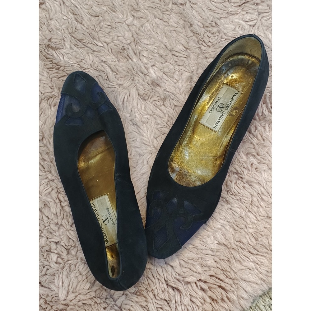 Valentino Garavani Vintage Pumps Black Suede Navy Mesh Gold Insole Heels Italy